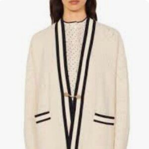 Sandro Pointelle Cardigan Oversized Ivory Navy Blue Gold Closure XL (4)